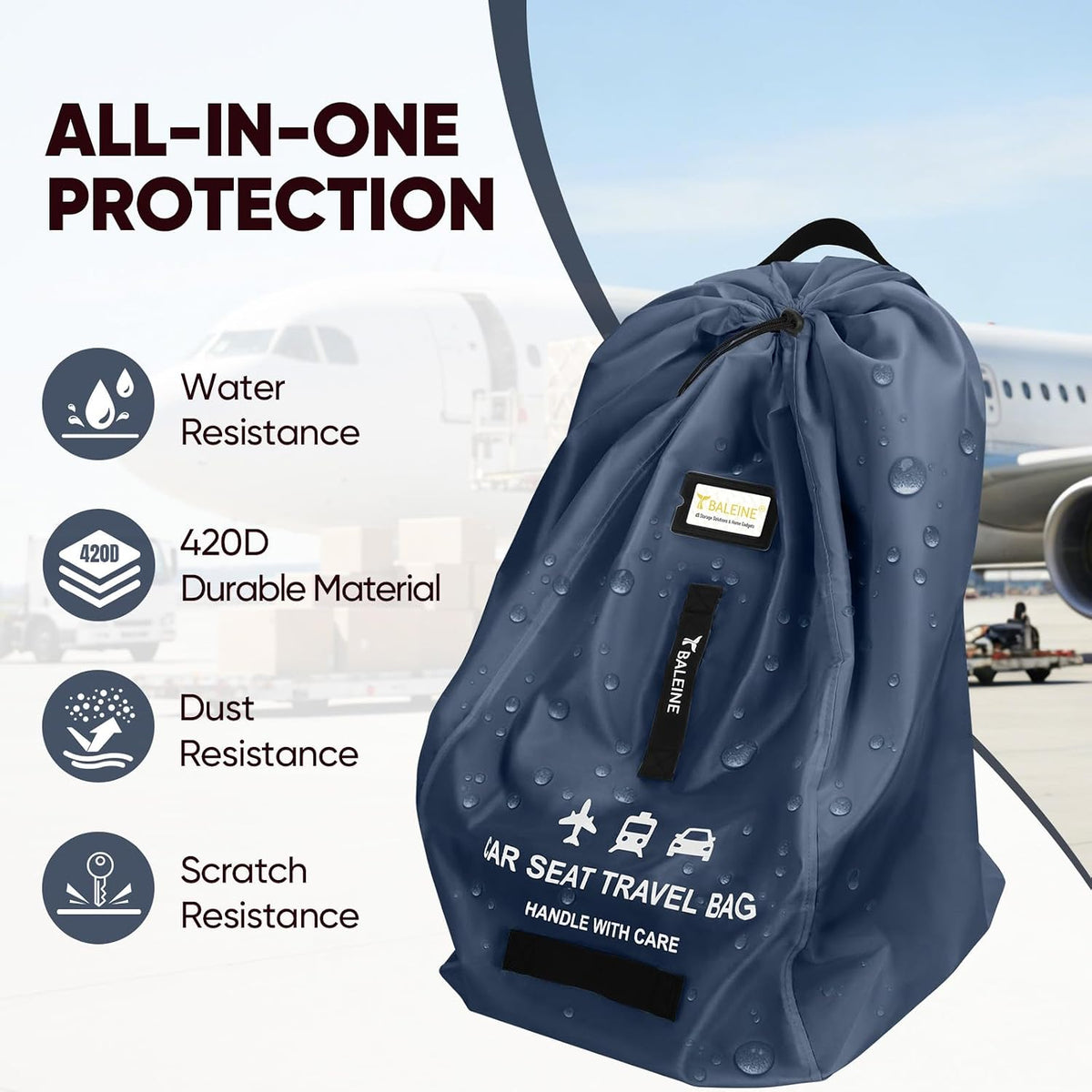 BALEINE Car Seat Travel Bag for Airplane, Water-Resistant Car Seat Bags for Air Travel, Foldable Cover with 3 Handles, Fits Toddler Carseat, Convertible and Booster Seats(Blue)