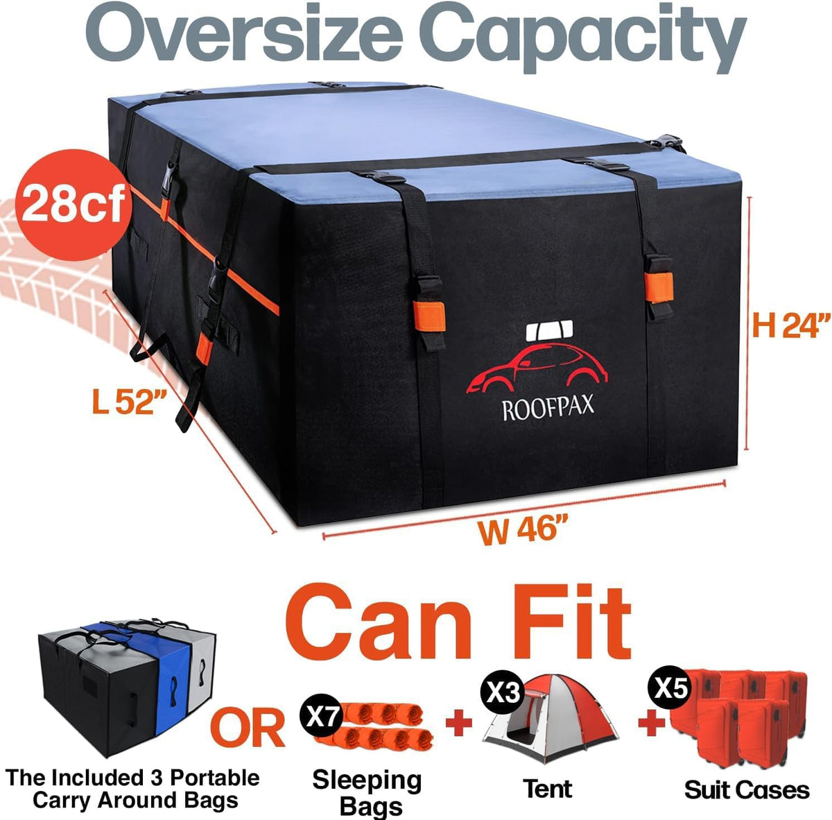 RoofPax XXL 28 cuft Car Rooftop Cargo Carrier Bag Extra Waterproof Car Roof Storage with 10 Heavy Duty Tie Down Straps and 4 Hooks Roof Bag Cargo Carrier for Top of Vehicle with/Without Rack
