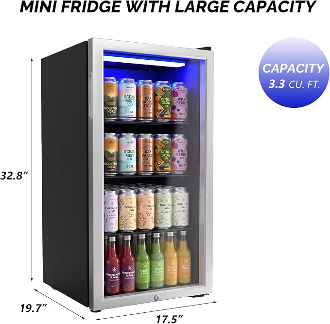 Bonnlo 130 Cans/3.3 Cu.Ft Beverage Refrigerator Cooler with Glass Door & Safety Lock, Quiet Mini Drink Fridge with Adjustable Shelf & Feet, Small Wine Cooler for Bedroom, Bar & Office, 32-50°F, 115V