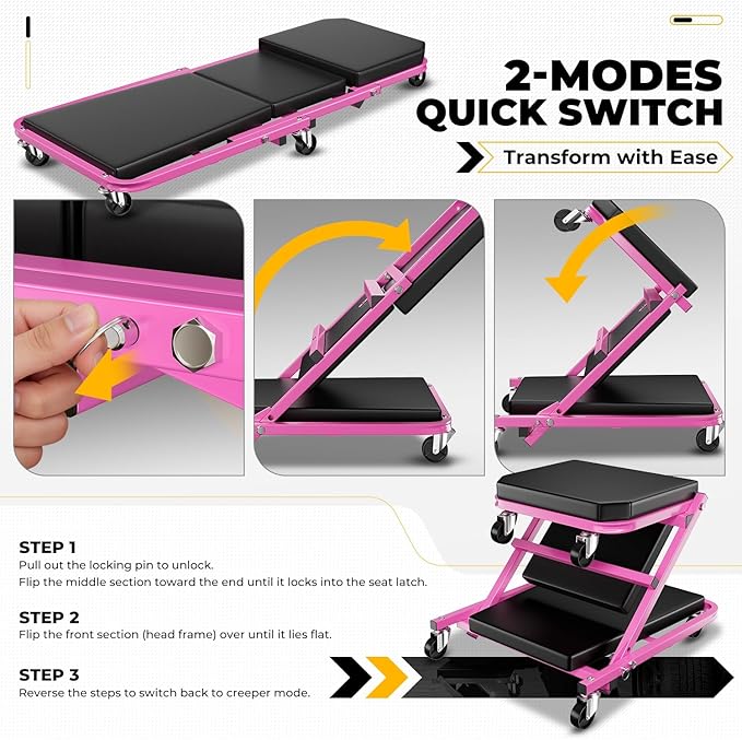 Auto Dynasty 36" Z-Creeper Seat, 2-in-1 Foldable Garage Creeper Shop Seat, 330 LBS Capacity Automotive Mechanic Repair Under Car Rolling Creeper Seat, Purple