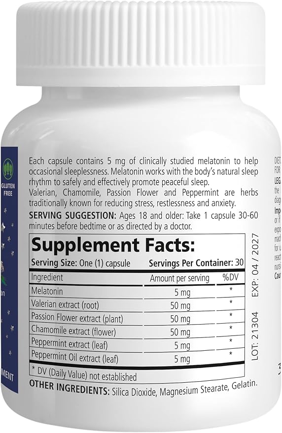 Melatonin Sleep Herbal Blend - Natural Support for Restful Nights with 5mg Melatonin & Calming Herbs - Drug-Free Dietary Supplement, 30 Capsules, 30-Day Supply