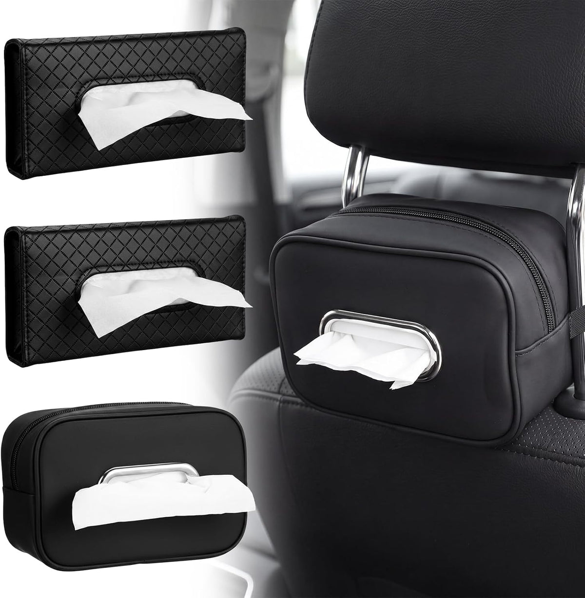 Novabright 3 Pack Car Tissue Holder Sun Visor Napkin Holder PU Leather Tissues Box Cover Backseat Rectangle Organizer for Car Sun Visor Black Organization Accessories