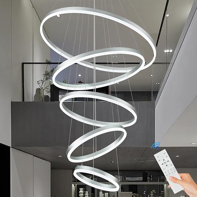 5-Rings D31.5in Modern LED Chandelier Silver Dimmable High Ceiling Chandeliers
