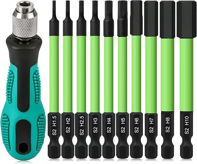 3.5" Long 1/4" Hex Head Allen Wrench Drill Bits + Quick Change Bit Driver, Metric 1.5MM to 10MM Impact Driver Bit Set, Magnetic Tips Magnetic Screwdriver Bits Hex Drill Bit Set, S2 Steel