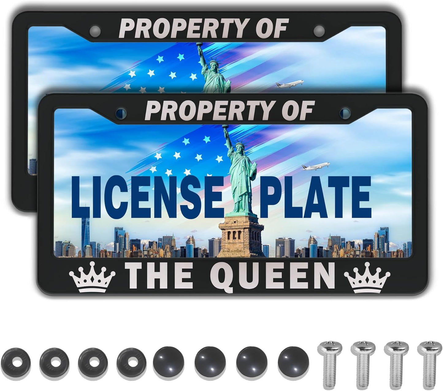 License Plate Frame Black and White License Plate Holder Property of The Queen Universal Aluminum Car Accessory 2 Pack with Screw Covers Set