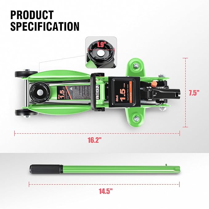 PM PERFORMOTOR Low Profile Hydraulic Trolley Service/Floor Jack, 1.5 Ton (3000 lbs) Capacity, Lifting Range 5.3"-12",Green,PM-TOL-FJ15-GR