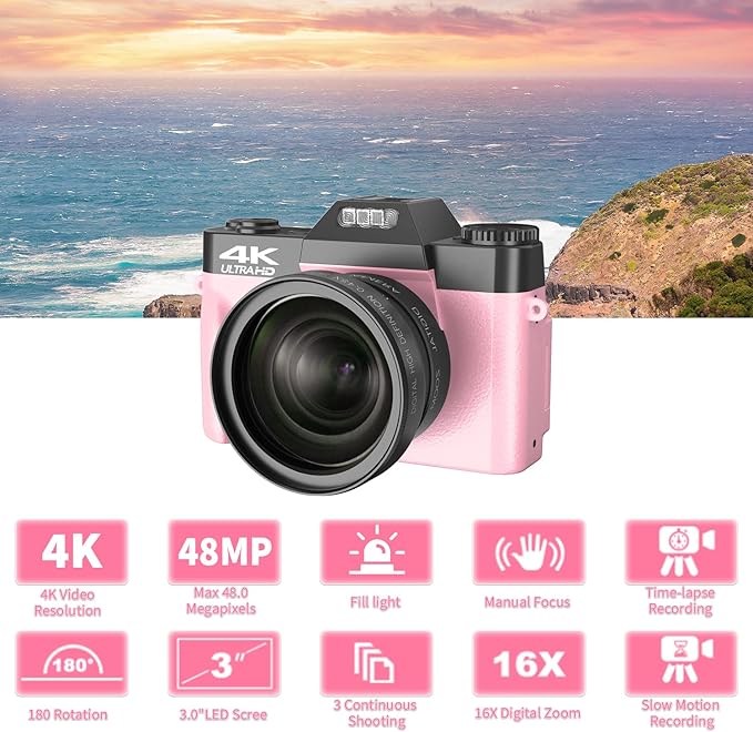 VETEK Digital Cameras for Photography, 4K 48MP Vlogging Camera 16X Digital Zoom
