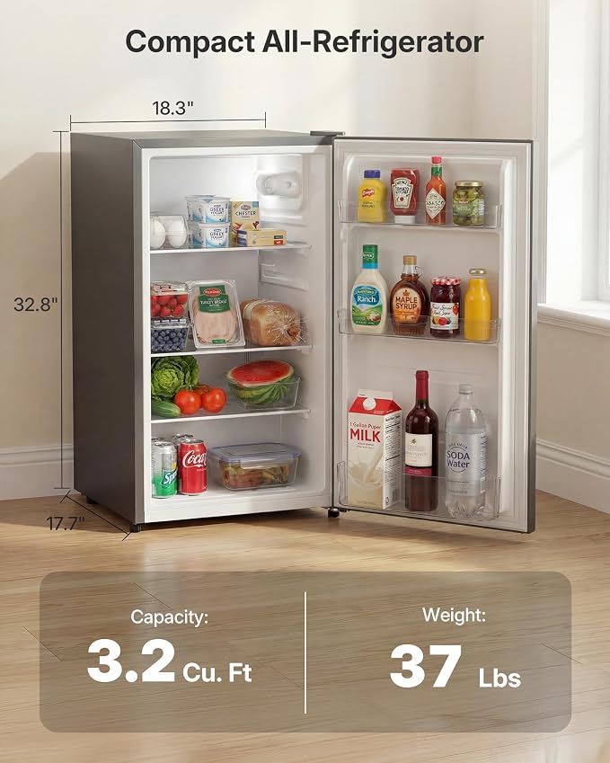 Upstreman 3.2 Cu.Ft All-Refrigerator Mini Fridge, Gray-CR32 | Sleek Gray Finish, 7-Level Thermostat, ENERGY STAR Certified, Reversible Door, Small Fridge for Office, Bedroom or Dorm