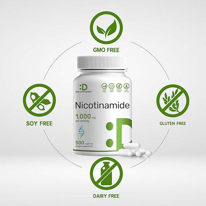 Vitamin B3 Nicotinamide 1,000mg Per Serving – 500 Capsules, Flush Free Niacin, Essential B3 – Supports Healthy Skin & Energy Production – Non-GMO