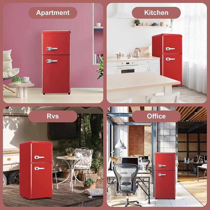 Mini Fridge with Freezer, 3.2 Cu.Ft Retro Double Door Refrigerator with 7 Level Thermostat, Adjustable Removable Glass Shelves for Bedroom Office Apartment Dorm Bar (RED, 3.2 Cu.Ft.)