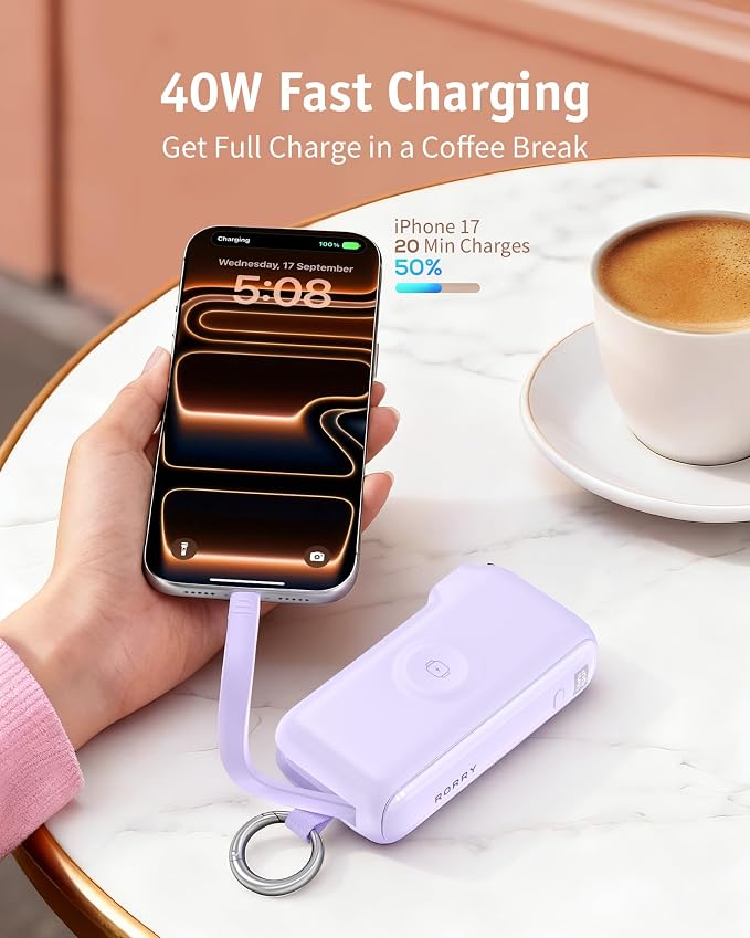 RORRY Flow Portable Charger, 10000mAh 40W Fast Charging Power Bank with Built-in USB C Cable and Foldable Wall Plug, Battery Pack Travel Essentials for iPhone 17/16/15, Apple Watch, iPad, MacBook
