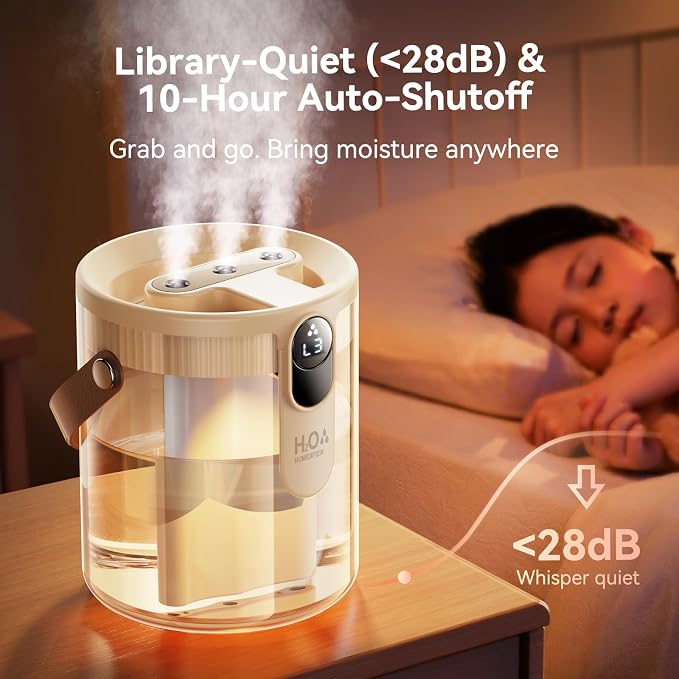 Rechargeable Portable Top Fill Humidifier, Smart Humidifiers for Bedroom, Night Light, 1.4L Cool Mist Humidifier for Office Home Plant Baby, 3-Speed Mist Control, Quiet, Auto Shut-Off (Beige)