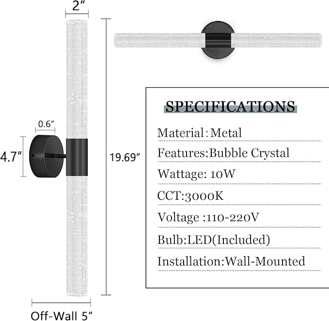Black Wall Sconces Set of 2 LED Modern Sconces Dining Room Wall Lighting 10W 3000K LED Wall Lights Crystal Hardwired Wall Light Fixtures for Living Room Bedroom Bathroom Hallway