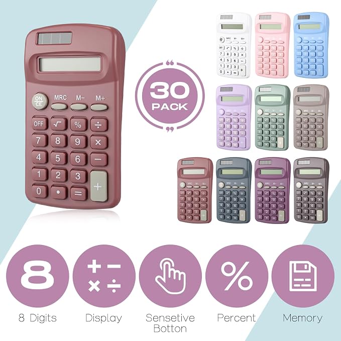 30 Pack Pocket Calculator Small Battery Powered Bulk Mini Size 4 Function Hand