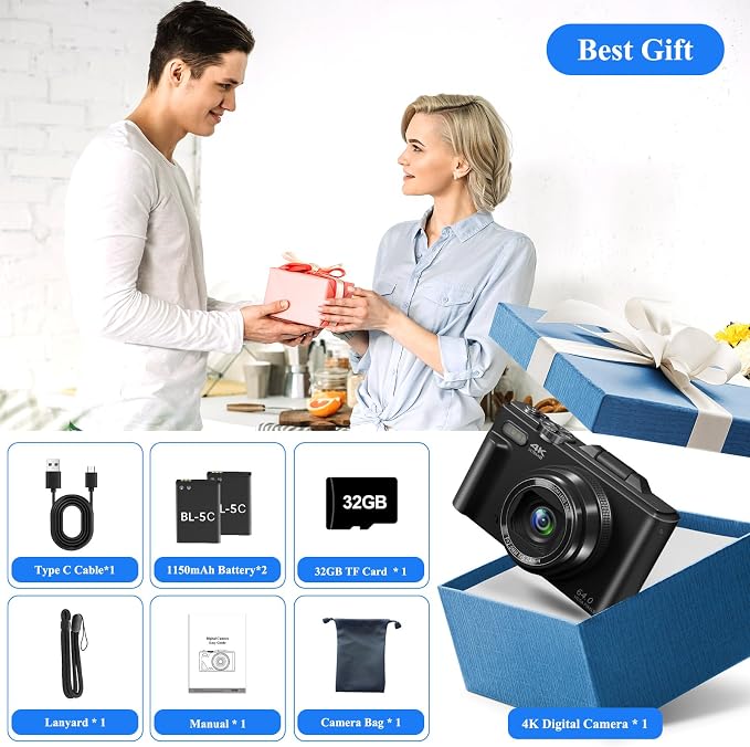 4K Digital Camera for Photography, 64MP Vlogging Camera for YouTube, WiFi Vlog