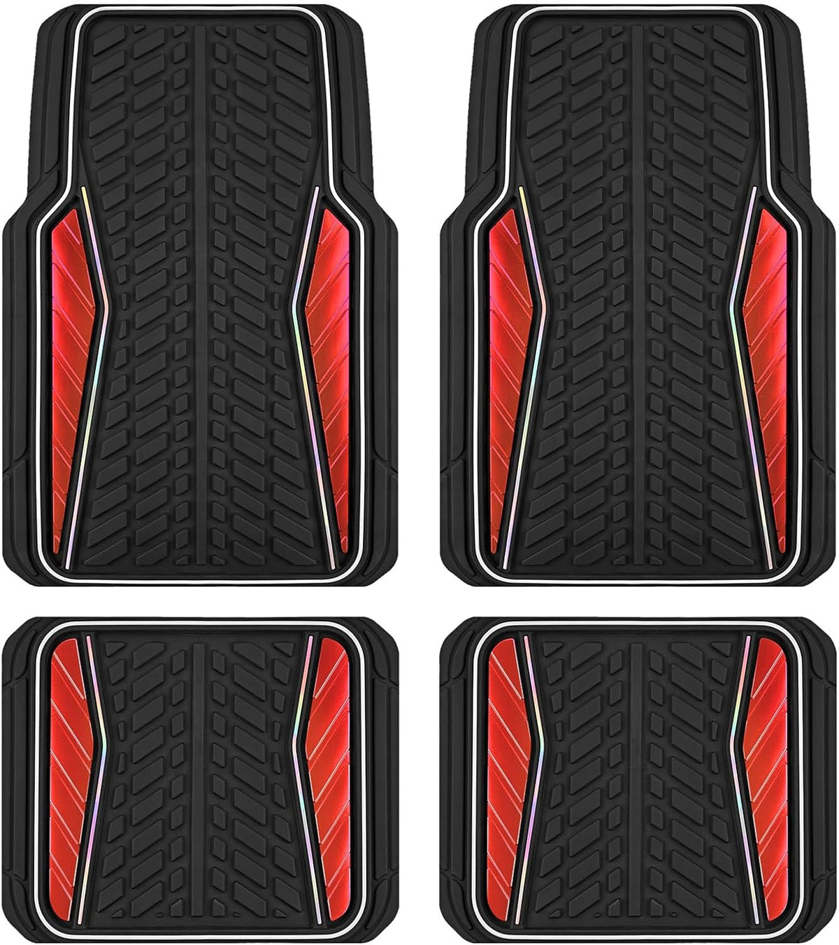 PIC AUTO Car Floor Mats, Red Aluminum-Molded with Full-Circle Iridescent Inlay Strip Car Mats, Universal-Fit Rubber Mats for Cars, Trucks & SUVs, All-Weather, Non-Slip, Easy-to-Clean Interior Mats