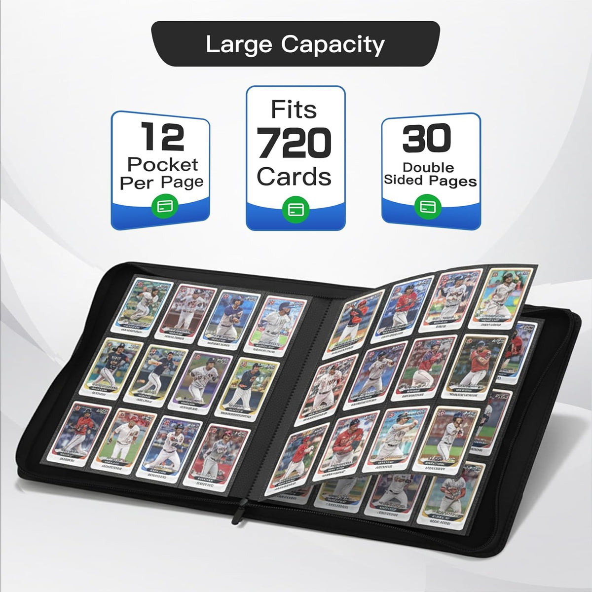 Skiennix Premium Card Binder - 12 Pocket Album for 720 Trading Cards | Durable PU Zipper, Black