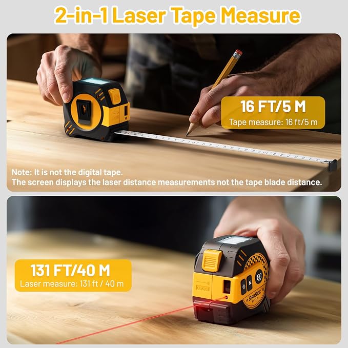 2 in 1 Laser Tape Measure, Rechargeable Laser Measure & 16ft Self-Locking