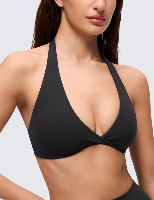 CRZ YOGA Sports Bra - Butterluxe Double Lined Halter Top with Deep V Neck & Open Back - Non-Padded