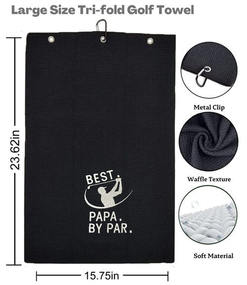 Funny Golf Towel, Best PAPA by Par, Golf Gifts for Men - Golf Accessories for Men, Embroidered Towels for Bags with Clip, Black