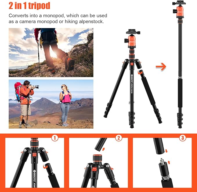 GEEKOTO 77'' Aluminum Camera Stand & Monopod, Foldable Travel Gear