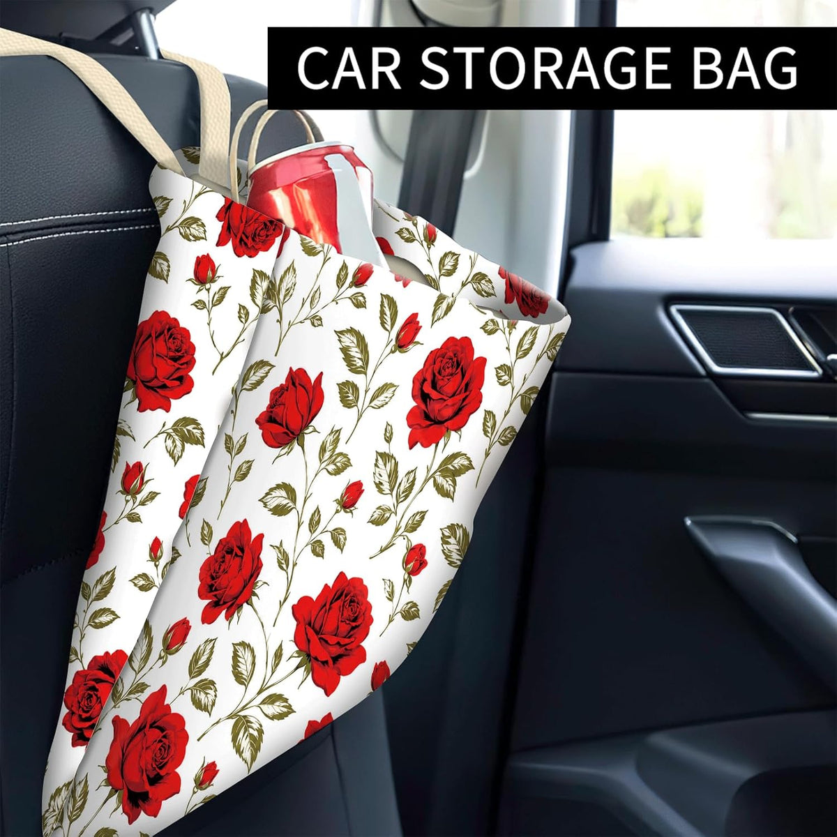 Car Trash Can, Cute Car Trash Bag, Hanging Car Organizer and Storage Bag, Trash Bin for Car Accessories, Vehicle, Travelling, Camping Red Rose Garden
