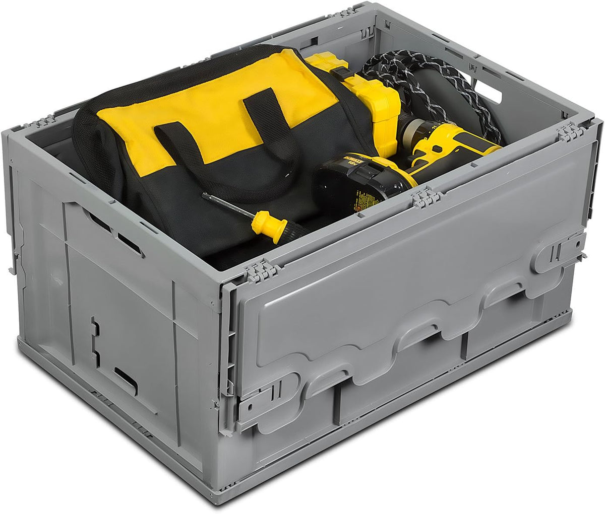 Mount-It! Collapsible Plastic Storage Crate, Folding and Stackable Utility Distribution Container with Attached Lid, 65L Liter Capacity, Pack of 1