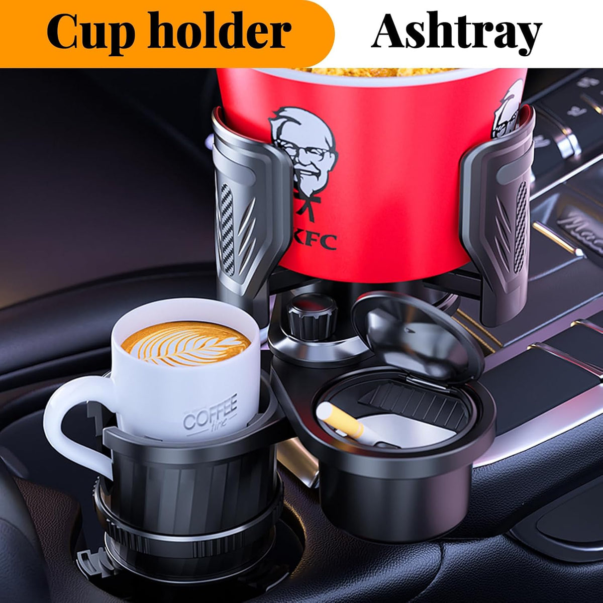 4-in-1 Car Cup Holder with Ash Tray - Adjustable Width, Rotating Base & Lock, Fits 6-10cm Car Slots, Holds Drinks, Fast Food, Bubble Tea (ABS & Zinc Steel),Extra,Expander,2 Cup Carrier car