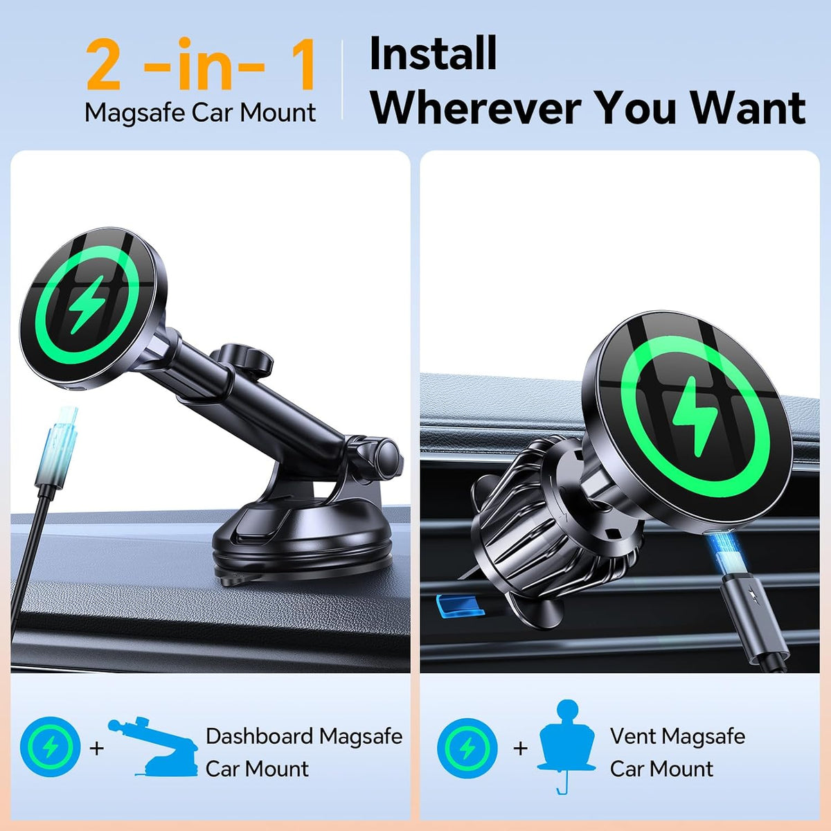 Coolpow for MagSafe Car Mount Charger【Ultra Magnet】Magnetic Phone Holders for Your Car Charger Magnetic Wireless Car Phone Holder Charger Car Accessories for Women Cell Phone Mount for iPhone 17 16 15