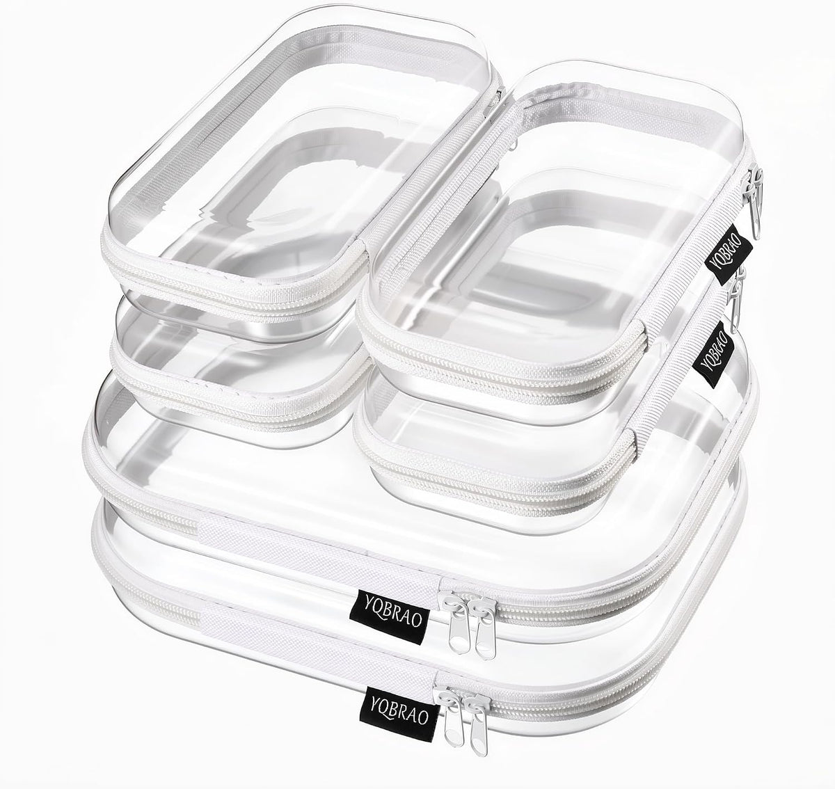 YQBRAO 6 Pack Clear Hard Shell Beauty Organizer (2M+4S), 1.2mm Crush-Proof Cosmetic Case, Reinforced YKK Zippers, Stadium Approved Security Bag for Skincare, Toiletries & Electronics, Multi-Size Set
