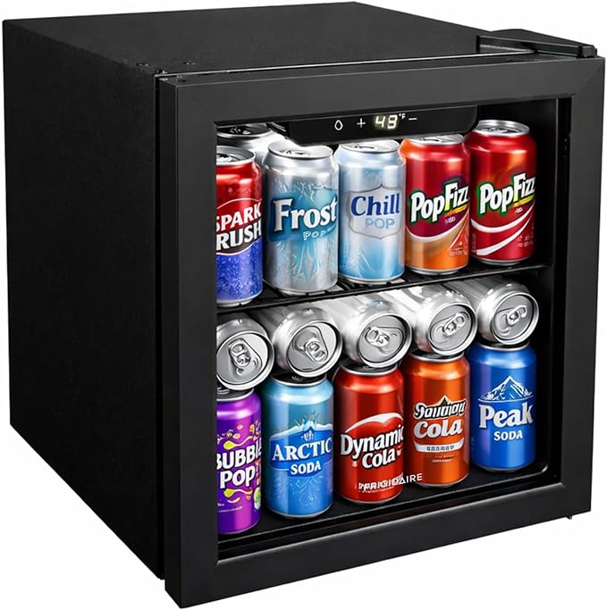 FRIGIDAIRE 12-Bottle Cooler, 1.2 Cu. Ft. Glass Door Beverage Refrigerator, Digital Display Mini Fridge with Touch Controls, Adjustable Shelves, LED Lighting & Quiet Compressor Cooling