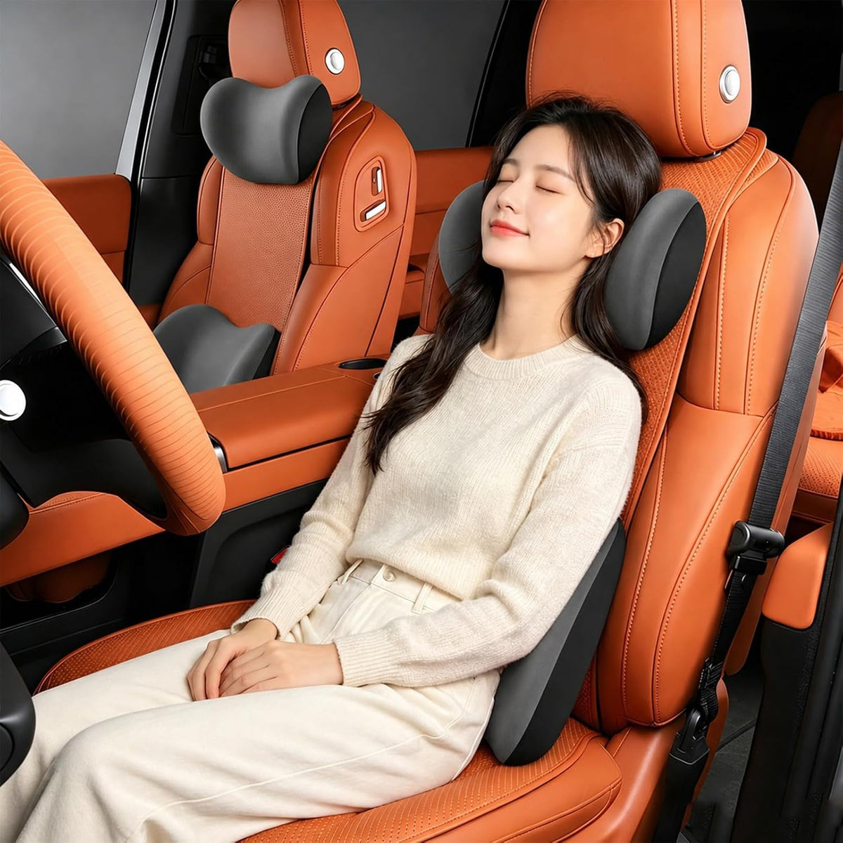 2 PCS Car Headrest & Lumbar Support Cushion, Breathable Memory Foam Auto Neck Lumbar Support Pillow w/Adjusatble Strap, Ergonomic Vehicle Seat Headrest Neck Rest Cushion (Dark Gray)