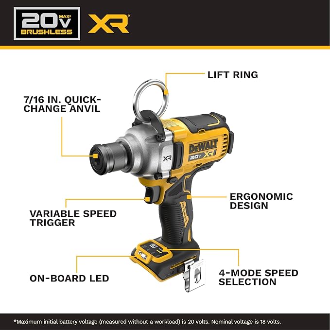 DEWALT 20V MAX XR Impact Wrench Cordless 7/16 inch Brushless Impact Gun, 4-Mode Speed Selection Including Timber Screw, Tool Only (DCF937B)
