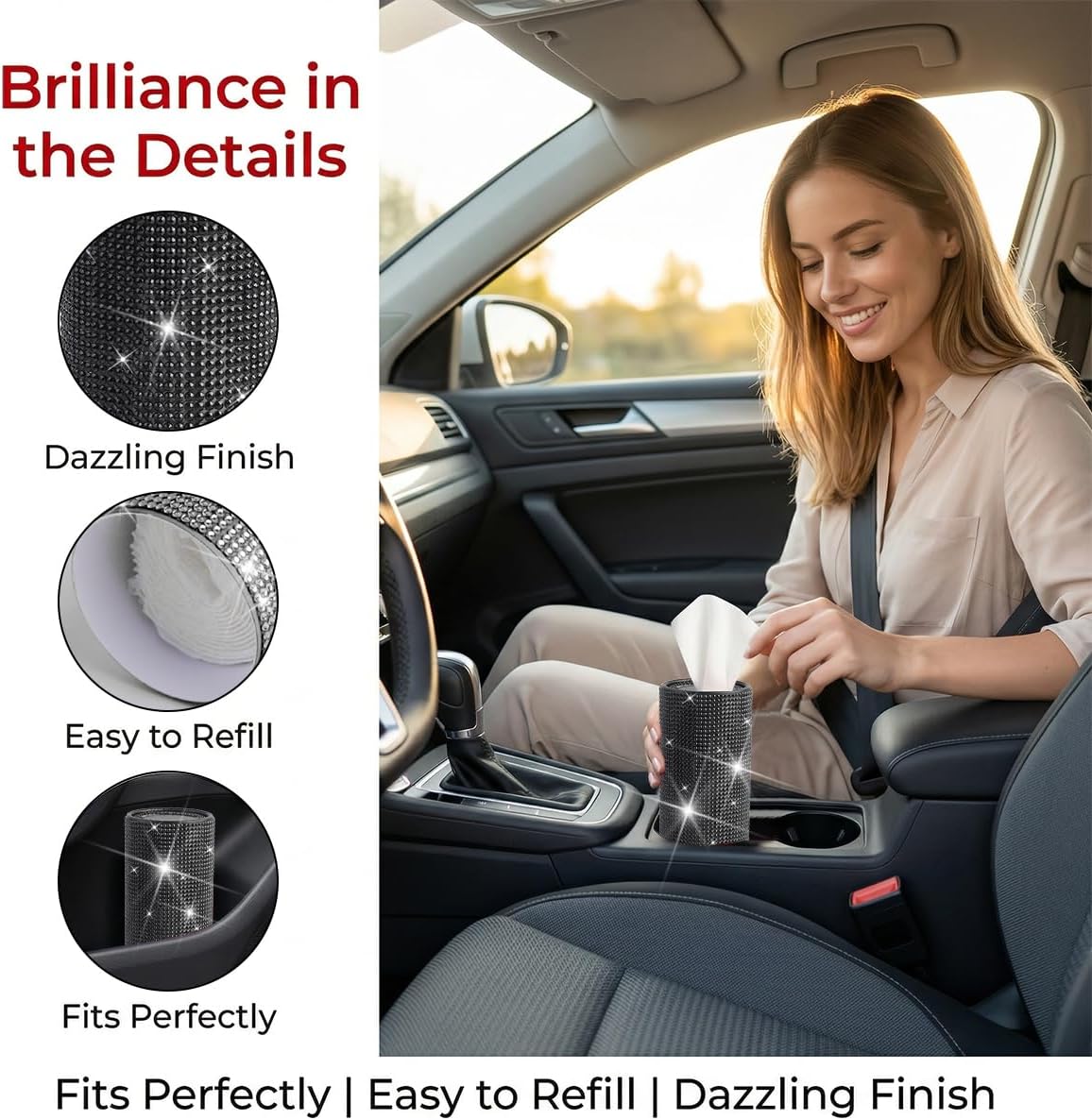 Rhinestone Car Tissue Dispenser for Interior, Black