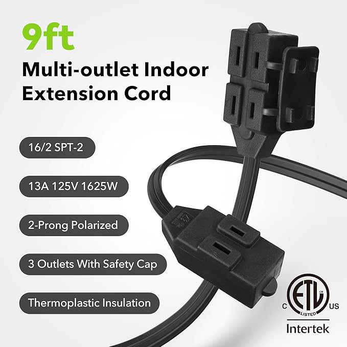 BN-LINK 9ft Indoor Extension Cord, 2 Pack, 3-Outlet Polarized Flat Cable, Household Power Cord for Home, Office, and Holiday Decorations, Black