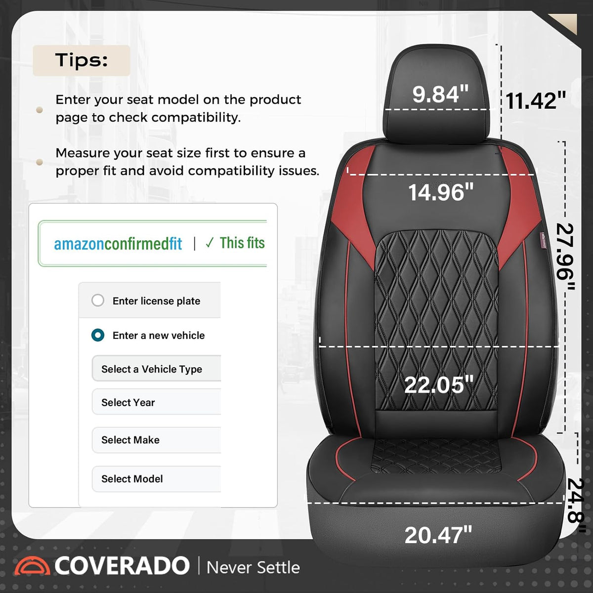Coverado Car Seat Covers Full Set, Leather Seat Covers, Automotive Seat Covers for Cars, Car Seat Covers Front Seats Back, Car Seat Protector Car Seat Cushion Universal Fit Most Cars Trucks, Black&Red