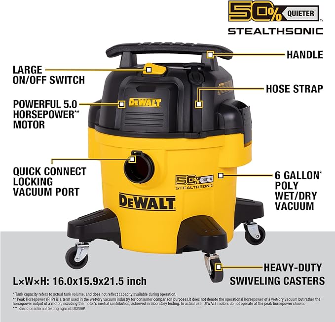 DEWALT 6 Gallon STEALTHSONIC Shop Vac with HEPA Filter, HEPA Shop Vacuum Wet and Dry for Home, Garage, Workshop, Jobsite