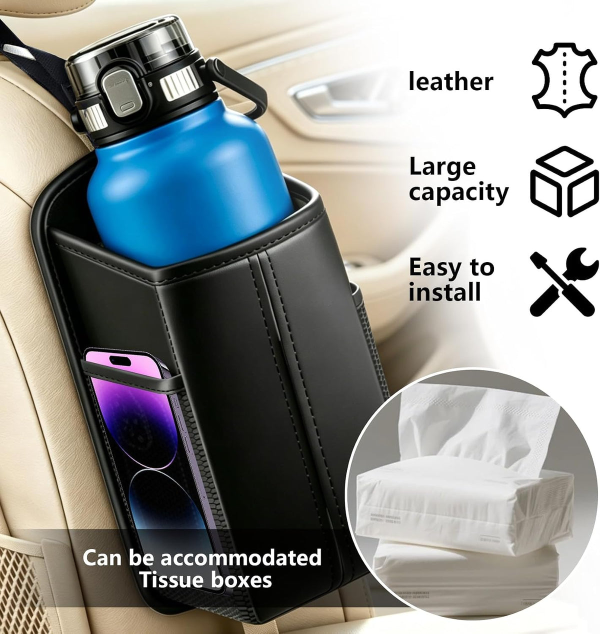 Car Tissue Holder, Leather Car Front Seat Side Tissue Holder, 1PCS