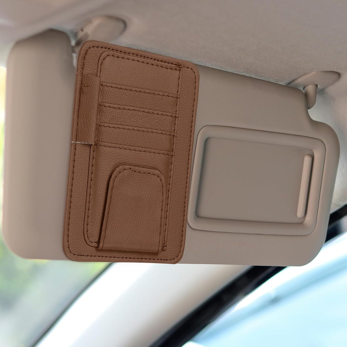 HARFINGTON 2Pcs Car Sun Visor Organizer 6.02" x 4.76" Leather Multi-Pocket Visor Card Sleeve Pocket Car Truck SUV Interior Storage Pouch for Driving License Credit Card Bill Sunglasses, Gray