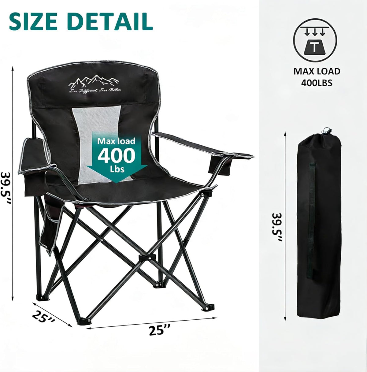 Skiennix Outdoor Folding Camping Chair - Breathable Mesh, 400lbs Capacity, Cup Holder & Storage Bag | Black