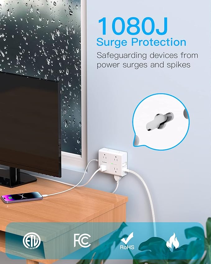 6Ft Extension Cord with Multiple Outlets, Flat Plug Surge Protector Power Strip 6 Ft Long Cord, 8 Outlets & 4 USB Ports (2 USB C), Desk Charging Station for Home Office, College Dorm Room Essentials