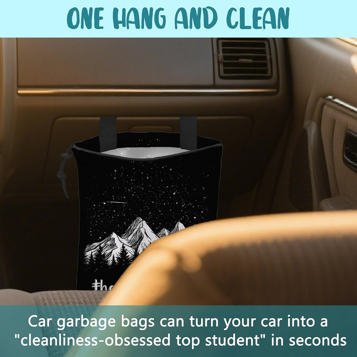 Mountains and Stars Car Garbage Bag The Adventure Begins Drawstring Car Trash Bag Hanging for Back Seat with Adjustable Buckle Canvas Vehicle Trash Can Easy-to-Install