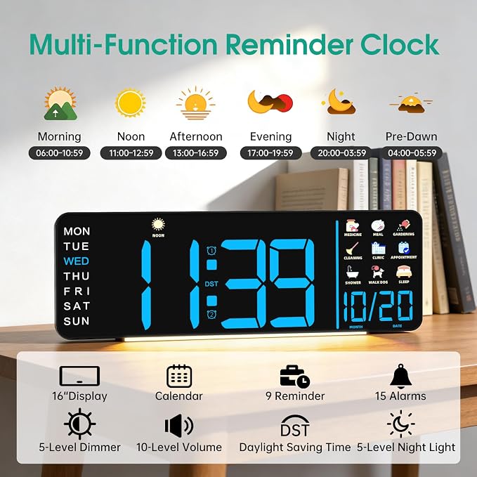 Hoifen Clock with Day and Date for Seniors, Remote Control, Night Light