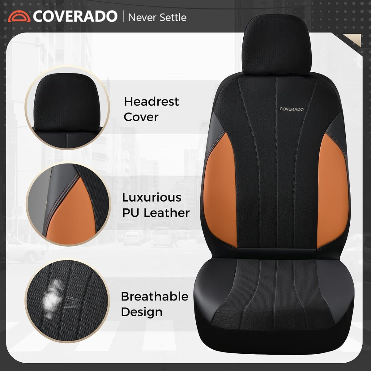 Coverado Seat Covers for Car, Leather Automotive Car Seat Covers 5 Seats, Mesh Breathable Auto Seat Protectors, Brown Seat Covers Universal Fit for SUV, Truck, Vans, Sedan
