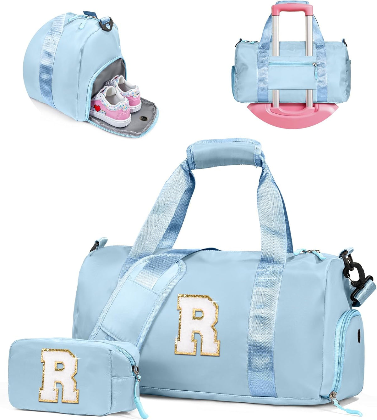 Skiennix Girls Gym Bag - Personalized Weekender Tote with Shoe Compartment & Makeup Pouch | Ideal Gift for 7-Year-Olds (Letter R)
