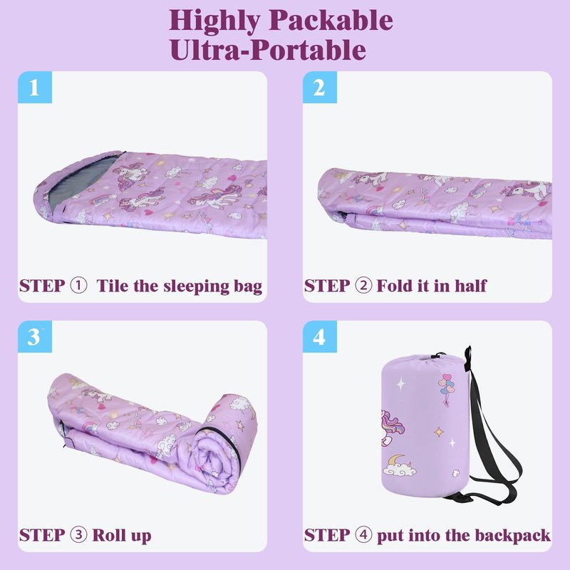 YOVOMEE Kids Sleeping Bag for Girls, 3 Season Sleeping Bag with Backpacking Bag, Warm & Cool Weather, Portable for Travel, Sleepovers, Indoor & Outdoor Camping, Machine Washable