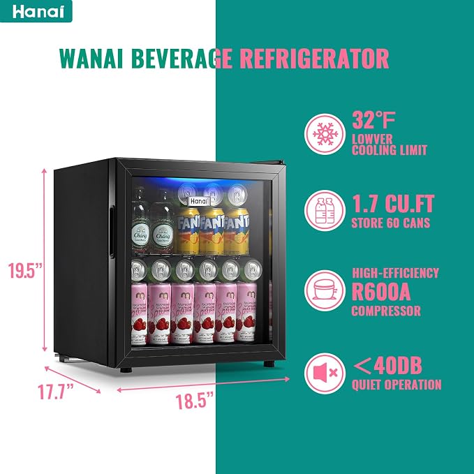 Mini Fridge Cooler 60 Can Beverage Refrigerator Black Mini Beer Fridge Glass Door for Wine Soda Juice Small Drink Cooler Machine Clear Front Removable for Home Office Bar Freestanding