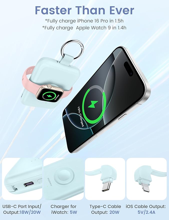 RORRY Portable Charger, 10000mAh PD 20W Fast Charging Portable Charger Power Bank with Built in Cables, Travel Battery Pack for iPhone and Apple Watch Ultra/11/10/9/8/7/6/5, Green