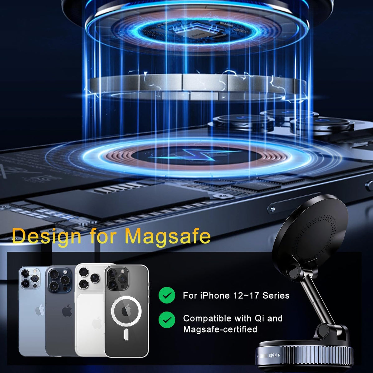 15W for MagSafe Car Mount Charger, 98LBS Suction Cup Phone Mount