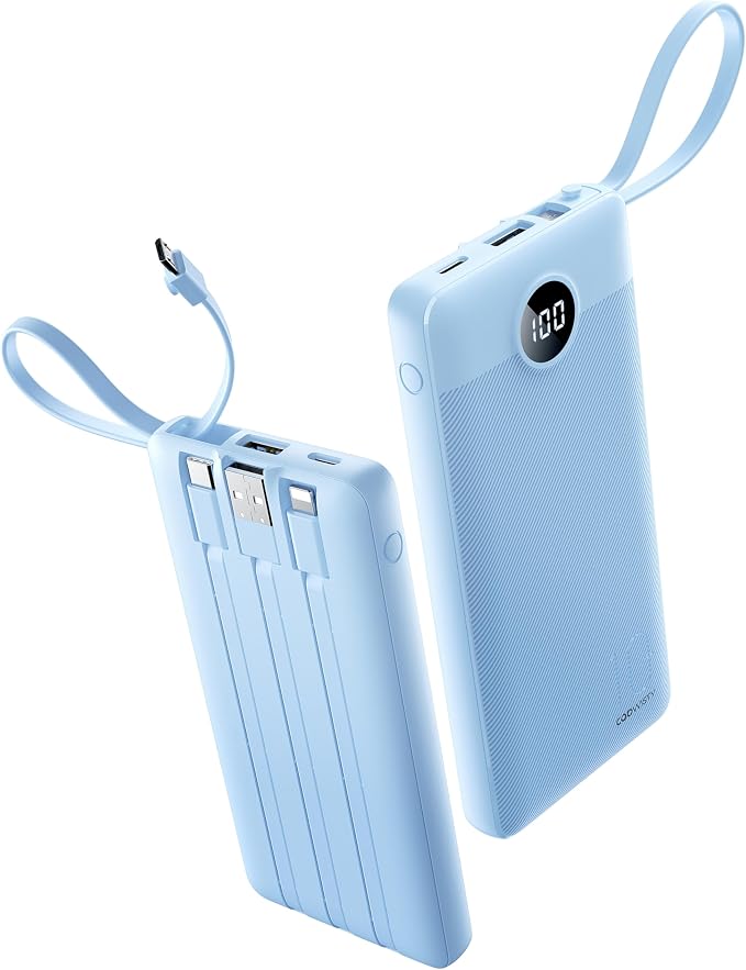 10000mAh Portable Charger, Slim Power Bank with Built-in Cables, Battery Pack 5 Outputs 2 Inputs LED Display Compatible with iPhone/Android & More (Blue)